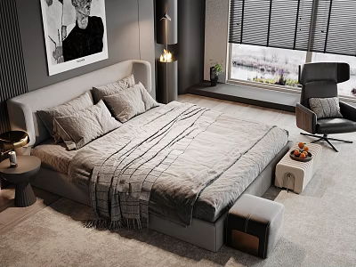 Modern Double Bed In Bedroom With Gray Bedding Accent Chair And Wall Artwork 3d model