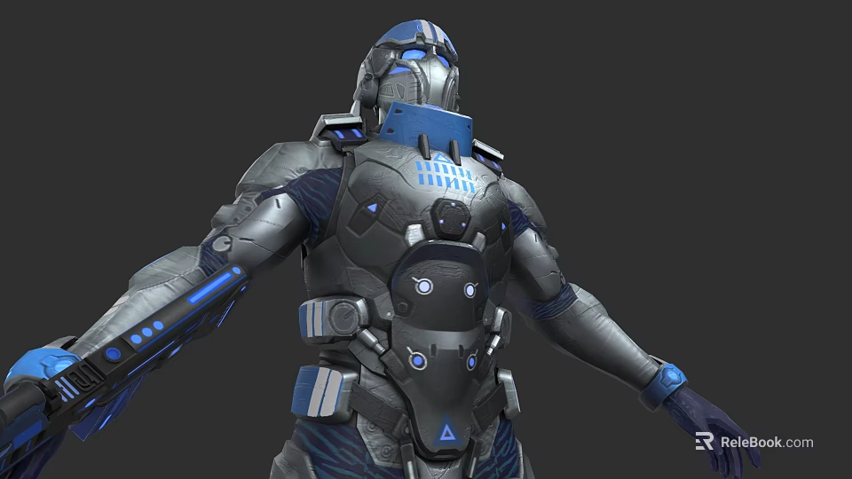 Futuristic Game And Movie Character In Metallic Armor With Blue Illuminated Details 3d model 