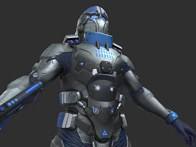 Futuristic Game And Movie Character In Metallic Armor With Blue Illuminated Details 3d model