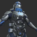 Futuristic Game And Movie Character In Metallic Armor With Blue Illuminated Details