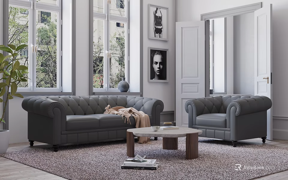 Gray Chesterfield Sofas With Wooden Leg Coffee Table Set In Living Room 3d model 