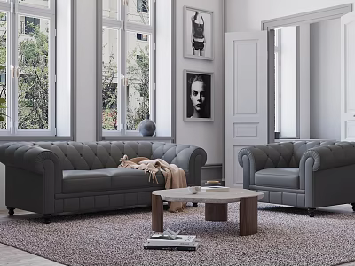 Gray Chesterfield Sofas With Wooden Leg Coffee Table Set In Living Room 3d model