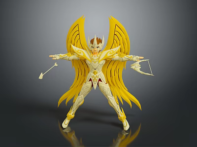Golden Winged Mythical Figure With Ornate Armor And Holding Weapons 3d model