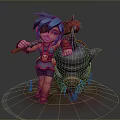 Blue Haired One Eyed Character With Weapon Standing By Purple Pig Like Creature