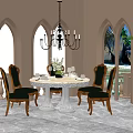 Elegant Dining Table Set With Wooden Chairs Chandelier Arched Windows Potted Plant And Sea View