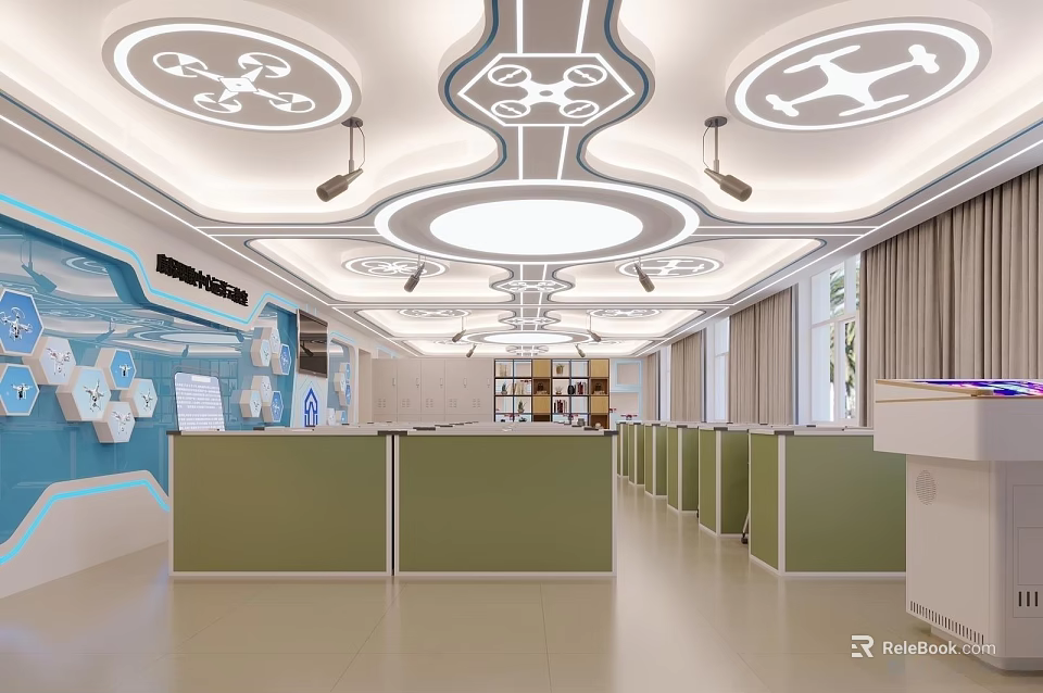 School Modern Learning Space With Green Cabinets White Ceiling Decor And Display Walls 3d model