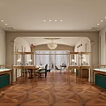 Elegant Jewelry Store Interior Featuring Glass Display Cases Wooden Flooring And Chandelier