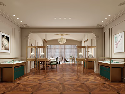 Elegant Jewelry Store Interior Featuring Glass Display Cases Wooden Flooring And Chandelier 3d model