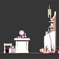 Cartoon Style Magical Scene With Pink Orange Cottage Cabinets Cauldron Candles And Table