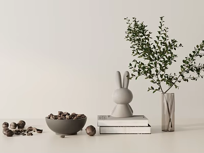 Minimalist Decorative Ornament Set With Rabbit Figurine Nut Bowl Books And Green Plant Vase 3d model