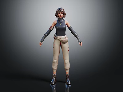 3D Female Character Design With Mechanical Gloves And Creature Inspired Outfit Details 3d model