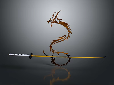 Samurai Sword Traditional Weapon With Golden Blade Black Handle And Orange Dragon Design 3d model