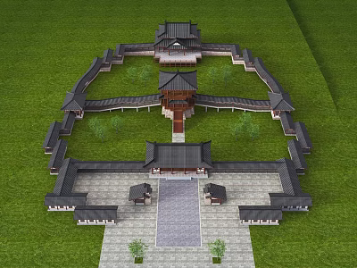 Ancient Chinese Architecture With Traditional Roof Design Courtyard Layout And Stone Path Green Lawn 3d model