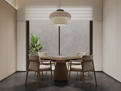 Hotel Chess Room Design With Round Table Four Chairs Hanging Lamp Green Plant And Window 3d model