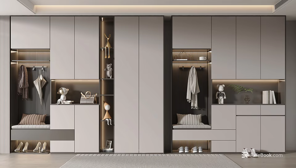 Modern Shoe Cabinet Interior Design with Clothing Storage Hanging Area Open Shelves and Decorative Items 3d model 