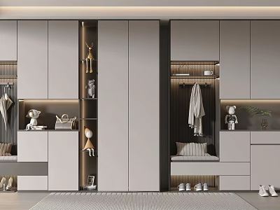 Modern Shoe Cabinet Interior Design with Clothing Storage Hanging Area Open Shelves and Decorative Items 3d model
