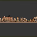 Scenic Desert Landscape With Rocky Mountains River Small Buildings And Green Vegetation