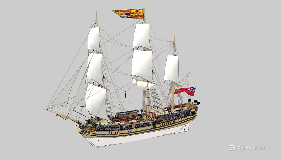 Classic Sailing Ship With Three Masts White Sails And Fluttering Flags 3d model