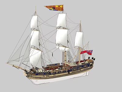 Classic Sailing Ship With Three Masts White Sails And Fluttering Flags 3d model