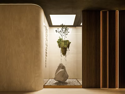 Karesansui Dry Landscape Interior With Large Stone Sand And Hanging Plant 3d model