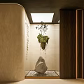 Karesansui Dry Landscape Interior With Large Stone Sand And Hanging Plant