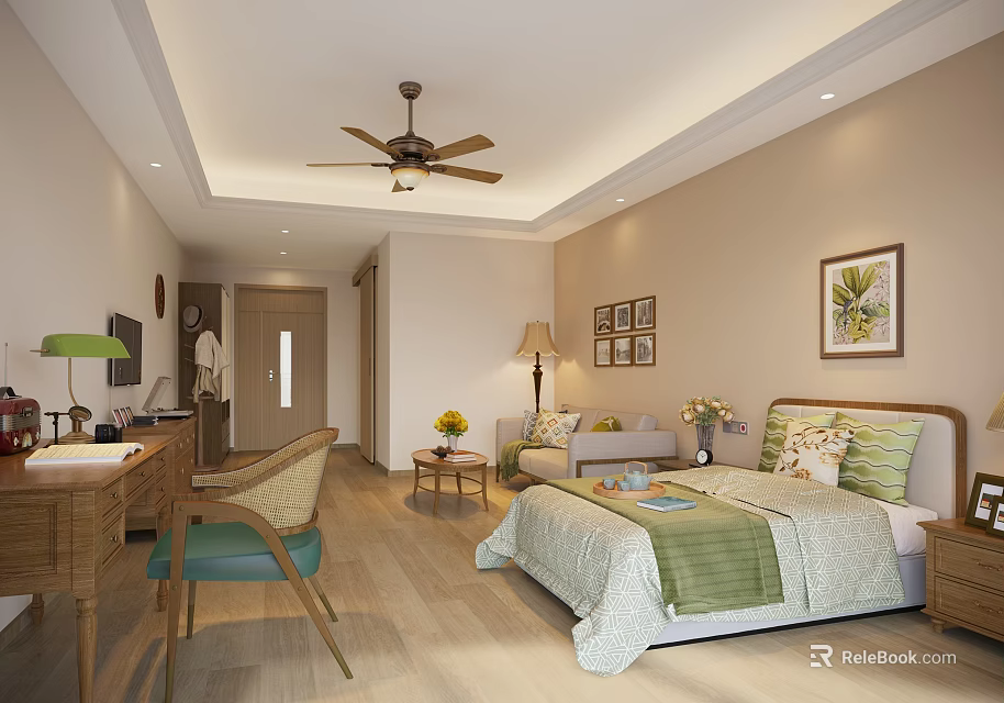 Hotel Guest Room Interior Design With Comfortable Bed Sofa Ceiling Fan Desk And Decorative Art 3d model 