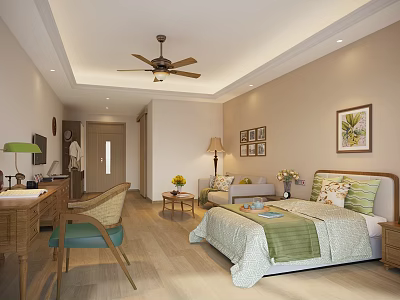 Hotel Guest Room Interior Design With Comfortable Bed Sofa Ceiling Fan Desk And Decorative Art 3d model