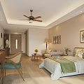 Hotel Guest Room Interior Design With Comfortable Bed Sofa Ceiling Fan Desk And Decorative Art