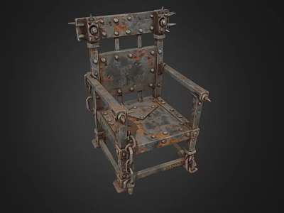 Dark Fantasy Rusted Spiked Metal Chair With Riveted Panels And Thick Connecting Restraint Chains 3d model