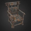 Dark Fantasy Rusted Spiked Metal Chair With Riveted Panels And Thick Connecting Restraint Chains
