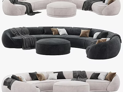 Stylish Curved Sofa Set With Ottoman Throw Pillows And Cozy Blankets 3d model