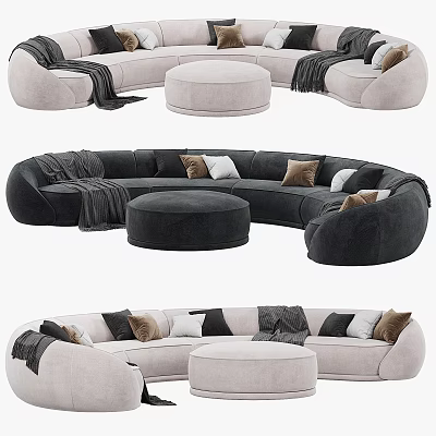 Stylish Curved Sofa Set With Ottoman Throw Pillows And Cozy Blankets 3d model