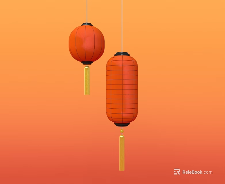 Red Lantern Decorated Swing Door With Orange Gradient Background And Gold Tassels 3d model 