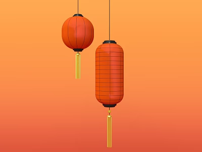 Red Lantern Decorated Swing Door With Orange Gradient Background And Gold Tassels 3d model