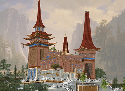 Chinese Castle Villa Wonderland Fortress Movie Scene 3d model