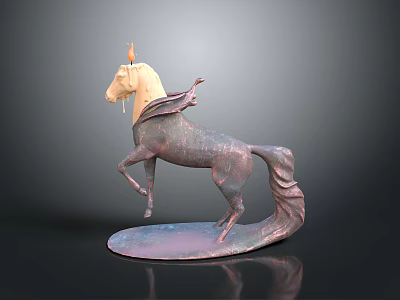 Artistic Copper Horse Sculpture With Flowing Mane Tail And Rearing Leg On Circular Base 3d model