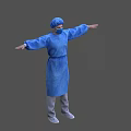 Man in Blue Protective Gown Cap and Mask with Arms Outstretched on Gray Background