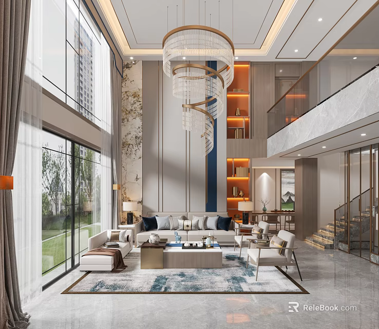 Modern Duplex Living Room With Grand Chandelier And Floor To Ceiling Windows 3d model 
