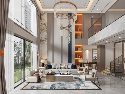 Modern Duplex Living Room With Grand Chandelier And Floor To Ceiling Windows 3d model
