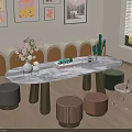 Oval Marble Top Entertainment Table With Colorful Stools Clear Chair Flower Vase And Wall Art