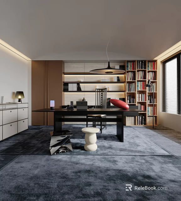 Modern Study Room Interior With Large Bookshelves Wooden Desk And Pendant Light 3d model 