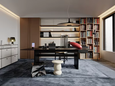 Modern Study Room Interior With Large Bookshelves Wooden Desk And Pendant Light 3d model