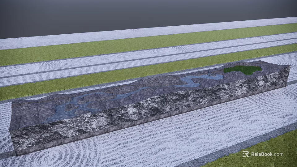 Rockery Stones in Front With Green Grass White Sand Wavy Patterns And Blue Water 3d model 