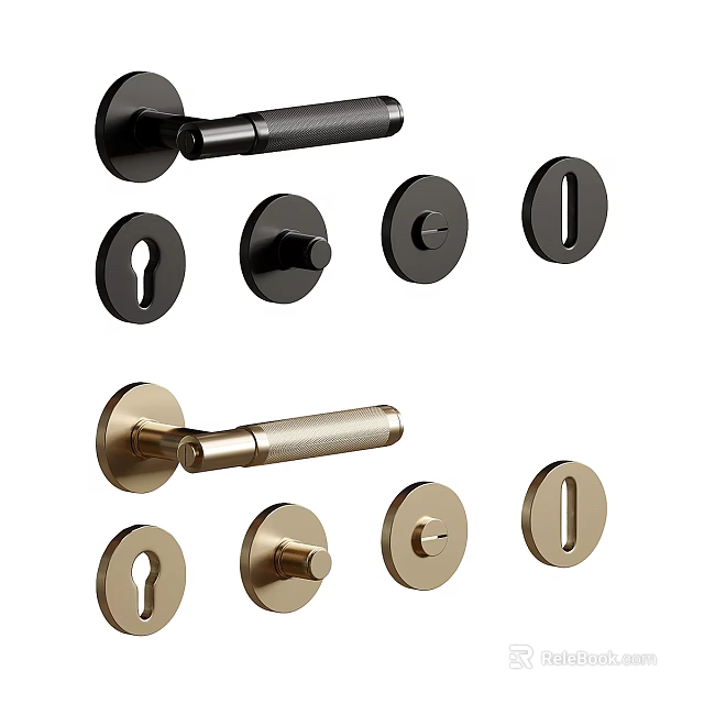 Modern Black and Gold Door Handles with Lock Cylinders and Knobs Design 3d model 