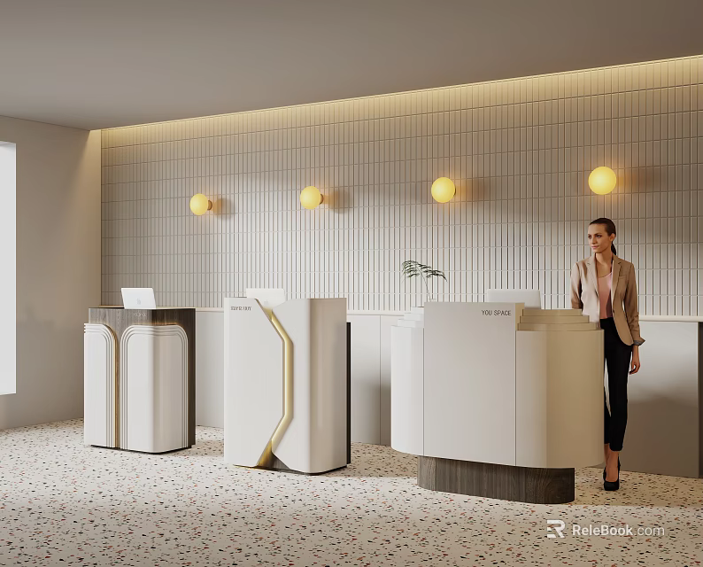 Modern Reception Desks Interior Design With White Surfaces Striped Wall And Round Lights 3d model 