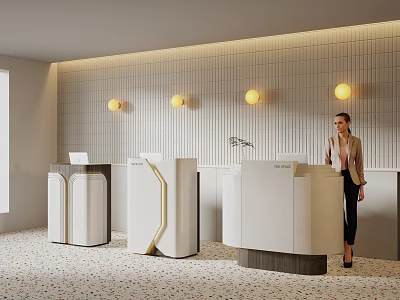 Modern Reception Desks Interior Design With White Surfaces Striped Wall And Round Lights 3d model