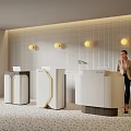 Modern Reception Desks Interior Design With White Surfaces Striped Wall And Round Lights