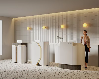 Modern Reception Desks Interior Design With White Surfaces Striped Wall And Round Lights 3d model