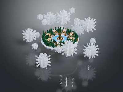 Miniature Christmas Scene With Snowflakes Small Houses Trees And Decorative Fountain 3d model