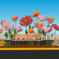 Floral Installation Featuring Large Red Pink Orange Flowers Bench Colorful Small Blooms on Orange Platform